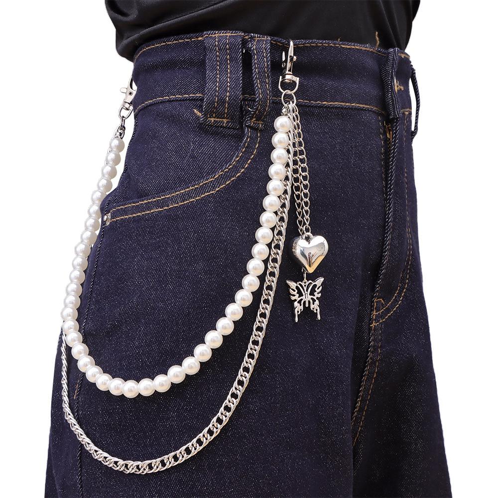 Accessories, Simple and Versatile Stainless Steel Butterfly Waist, Cold Wind Handmade Pearl Bag Trouser Chain