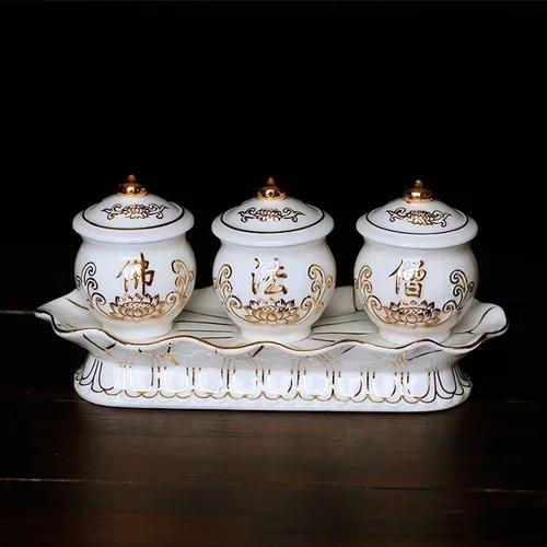 Chinese ceramic Guanyin water supply cup, three supply cups, Buddha cup offering ornaments feng shui  Buddhism