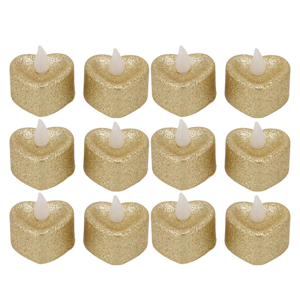 12 PCS LED Candle Lamp Gold Powder Heart Shape Tea Lights Secret Room Props for Christmas Wedding Party
