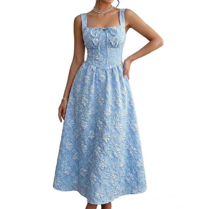 Women s Light Blue Floral Embroidery Midi Dress Square Neck Sleeveless A-Line Dress S синий