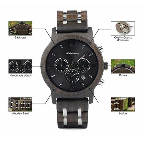 BOBO BIRD Pair Wooden Watches with Gift Box, Analog, Japanese Quartz Movement, Chronograph, Lightweight, Date Display, Stopwatch, Men's, Women's, Coup