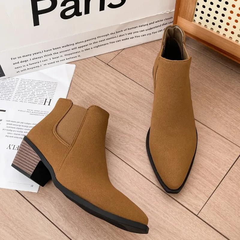 Nouvelle Mode Couleur Unie Polyvalente Chaussures pour Femmes Talon Bas Confortable Bout Pointu Sans Lacets Manchette Bottes pour Femmes Zapatos