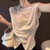 White Round Neck Sleeveless Knit Top with Side Button Detail