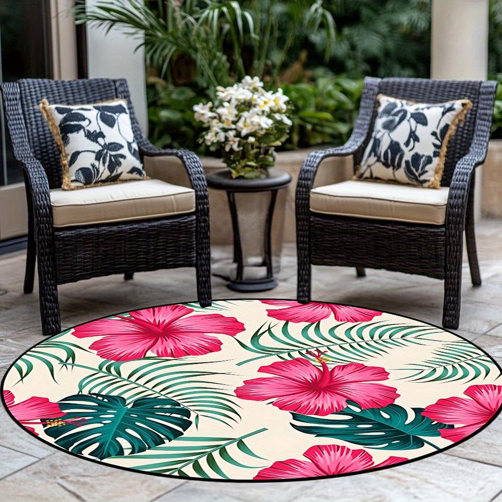1pc round tropical floral rug, polyester, washable, fade-resistant, machine-made, perfect for living room, dining room, bedroom