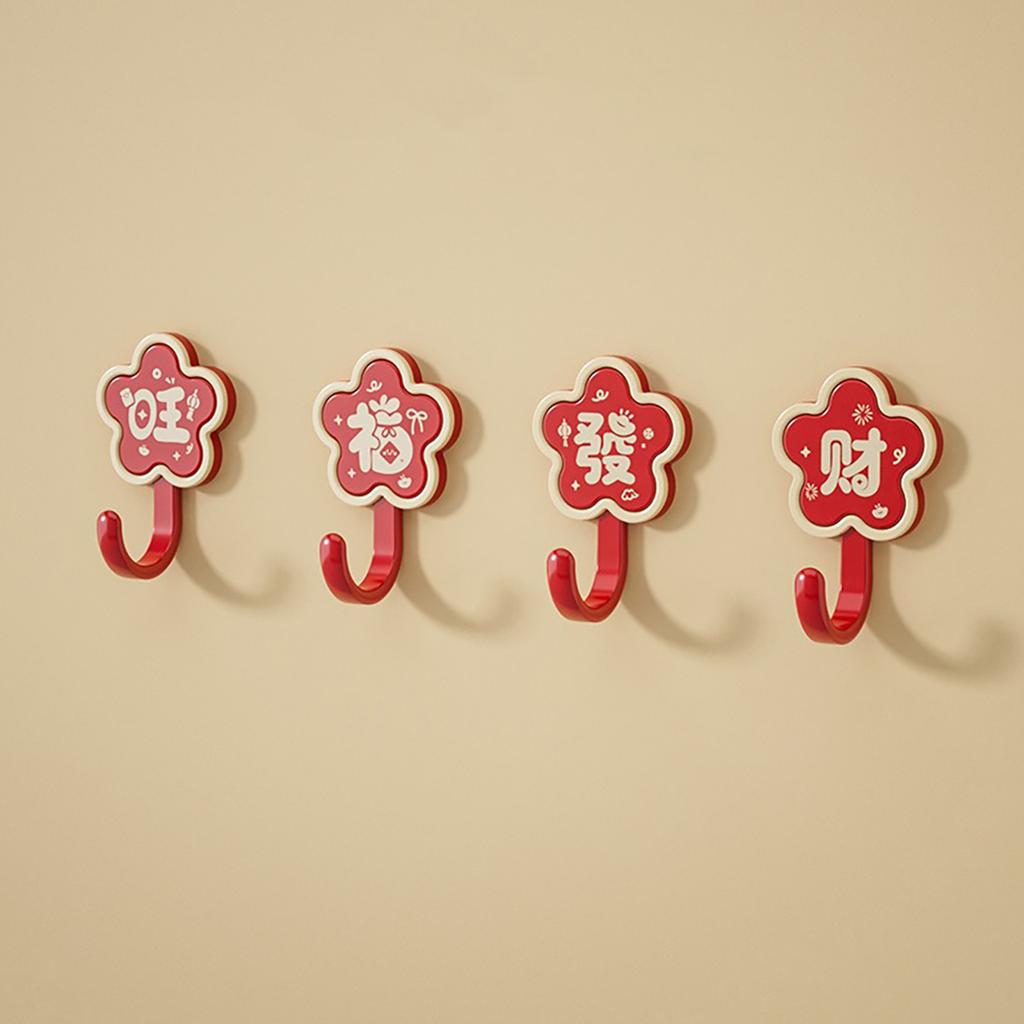 4Pcs Red Blessing Characters Hooks Wall Mounted Chinese Style Door Wall Holder Hangers New Year Spring Festival Decoration Rack