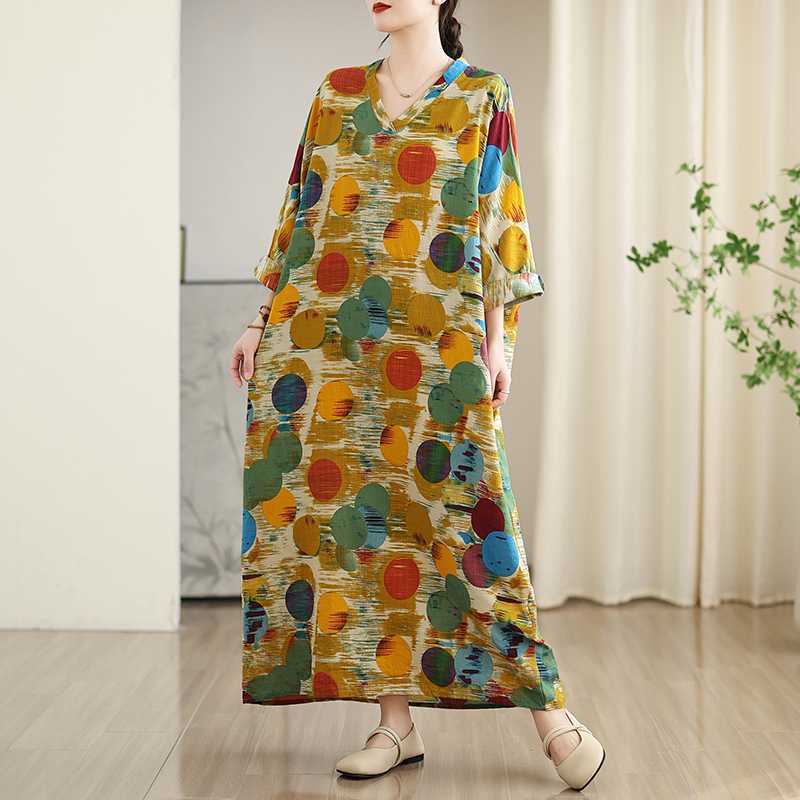 New Color Travel V-neck Retro Long Skirt Cotton Linen Dress