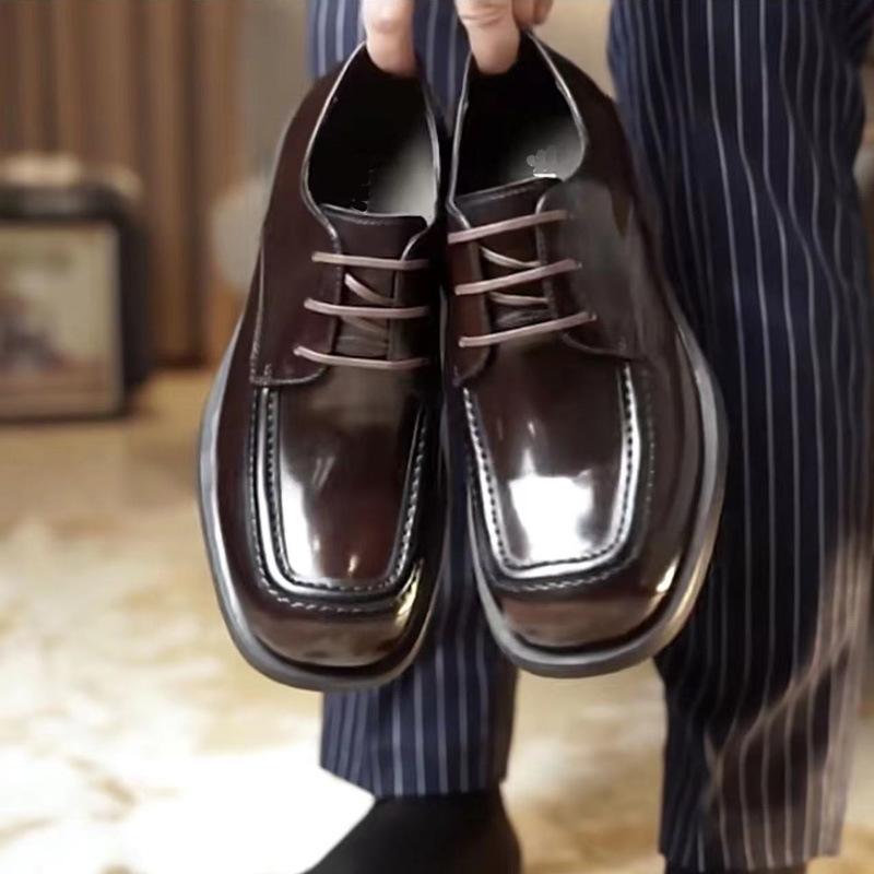 Spring And Autumn New Men'S Handmade Square Head Business Casual Leather Shoes British Dress Leather Breathable Big Head Leather Shoes Wedding Shoes