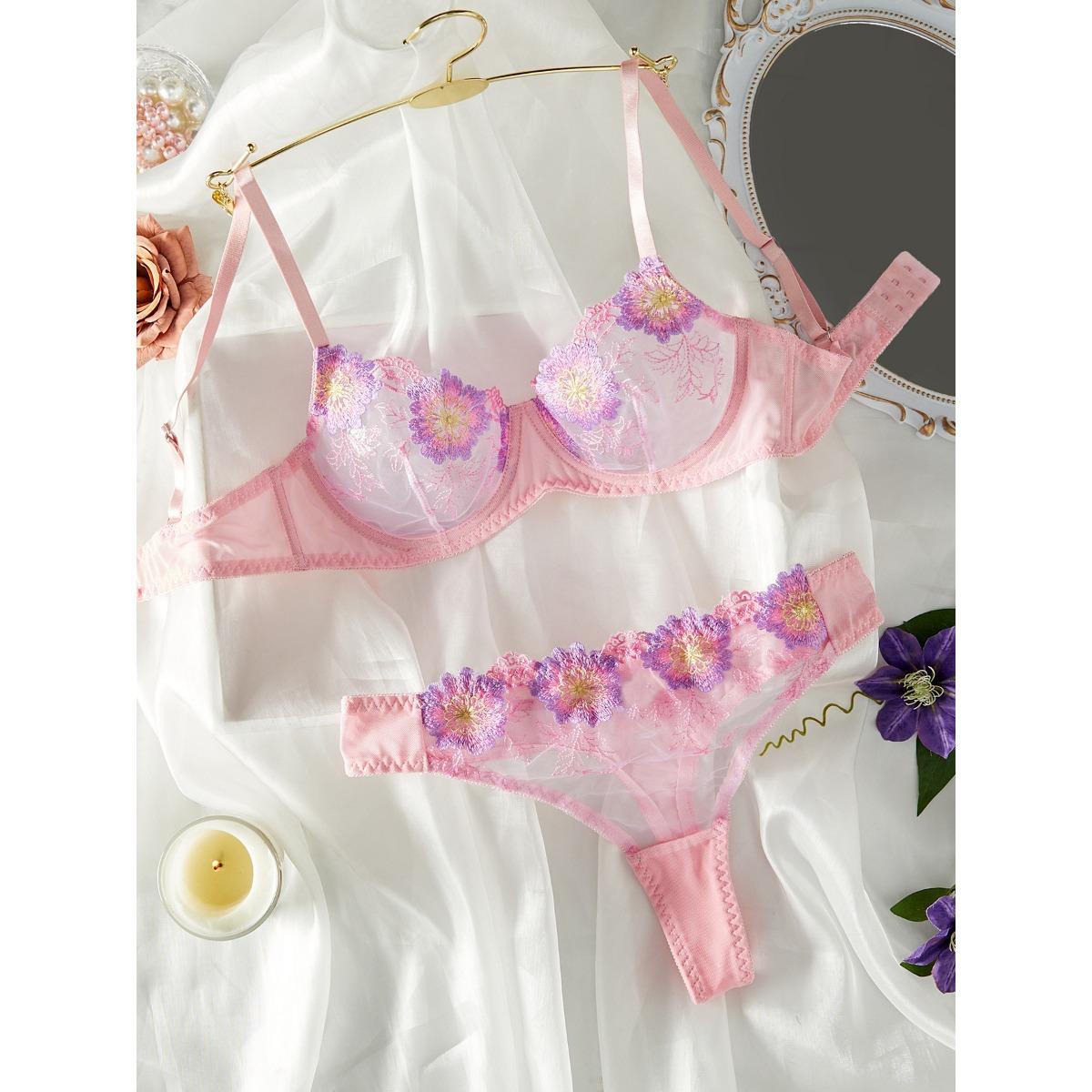 

Перспективная сетка цветная вышивка цветок стальное кольцо собирает три точки сексуальное нижнее белье костюм женщины L розовый