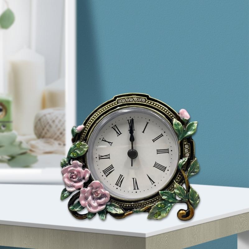 Mini Analog Table Clock Quiet Desk Clock Handpaint Metal Enamel Florals Battery Operated Clock for Shelf Bedroom Bedside