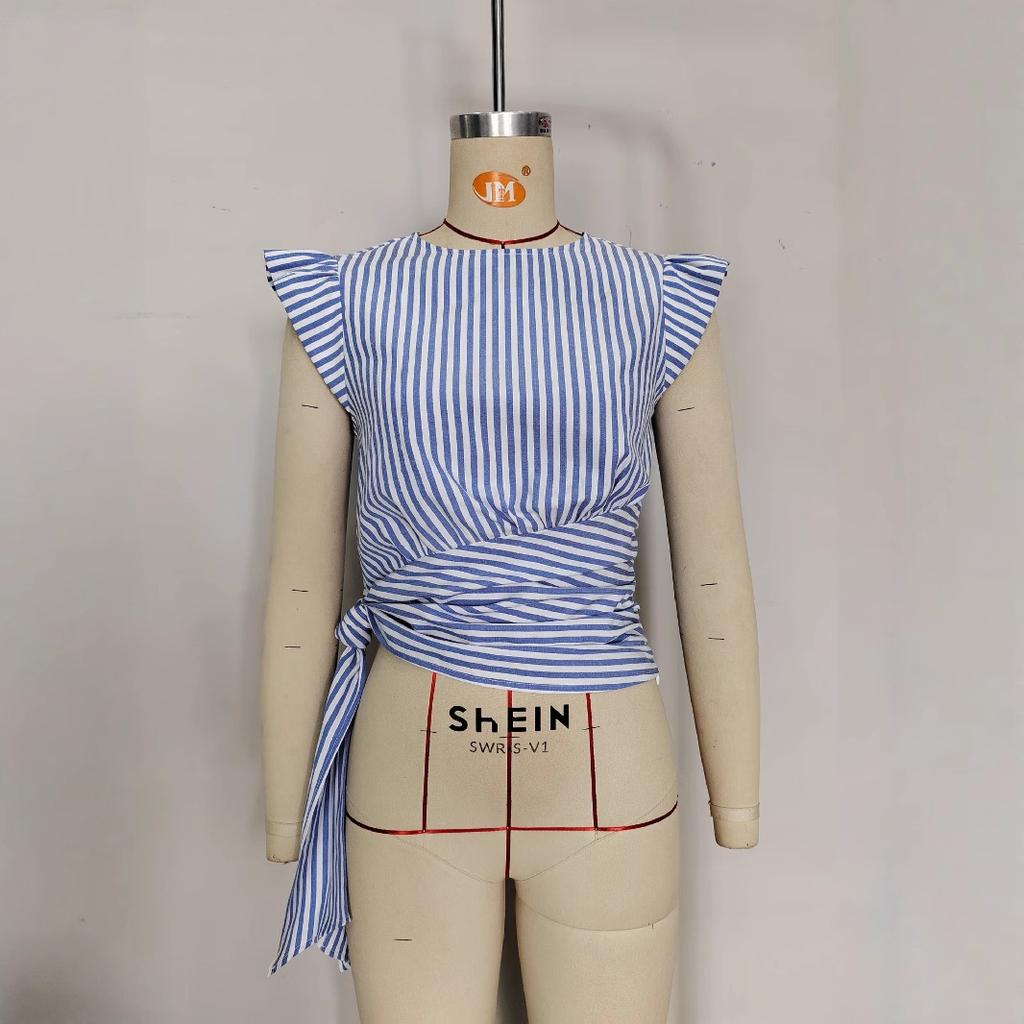 European and American Temperament Elegant and Chic Striped Round Neck Sleeveless Waist Slim-fitting Temperament Short Women's Top