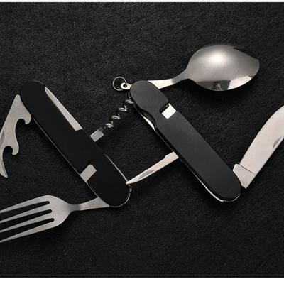 Conjunto de colheres de sopa 4 em 1, faca, garfo, abridor de garrafas, kits de bolso dobráveis de aço inoxidável, conjunto de utensílios de mesa para áreas externas