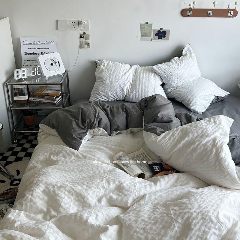 Bedding Set Luxury High Grade Light Washable Cotton Waffle Four Piece Olive Green Quilt Cover Bed Sheet Dormitory Three Piece