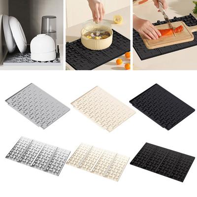 Drain Mat Checkered Four-Fold Silicone Draining Mat with Slope Anti-Slip Dishwasher Safe Quick Water