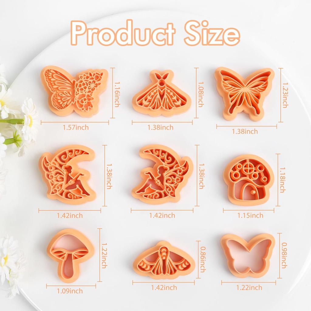 Puocaon Butterfly Polymer Clay Cutters - 9 Pcs Cottage Core Mushroom Clay Cutters for Polymer Clay Earrings, Rural Style Fairy Moth Polymer Clay