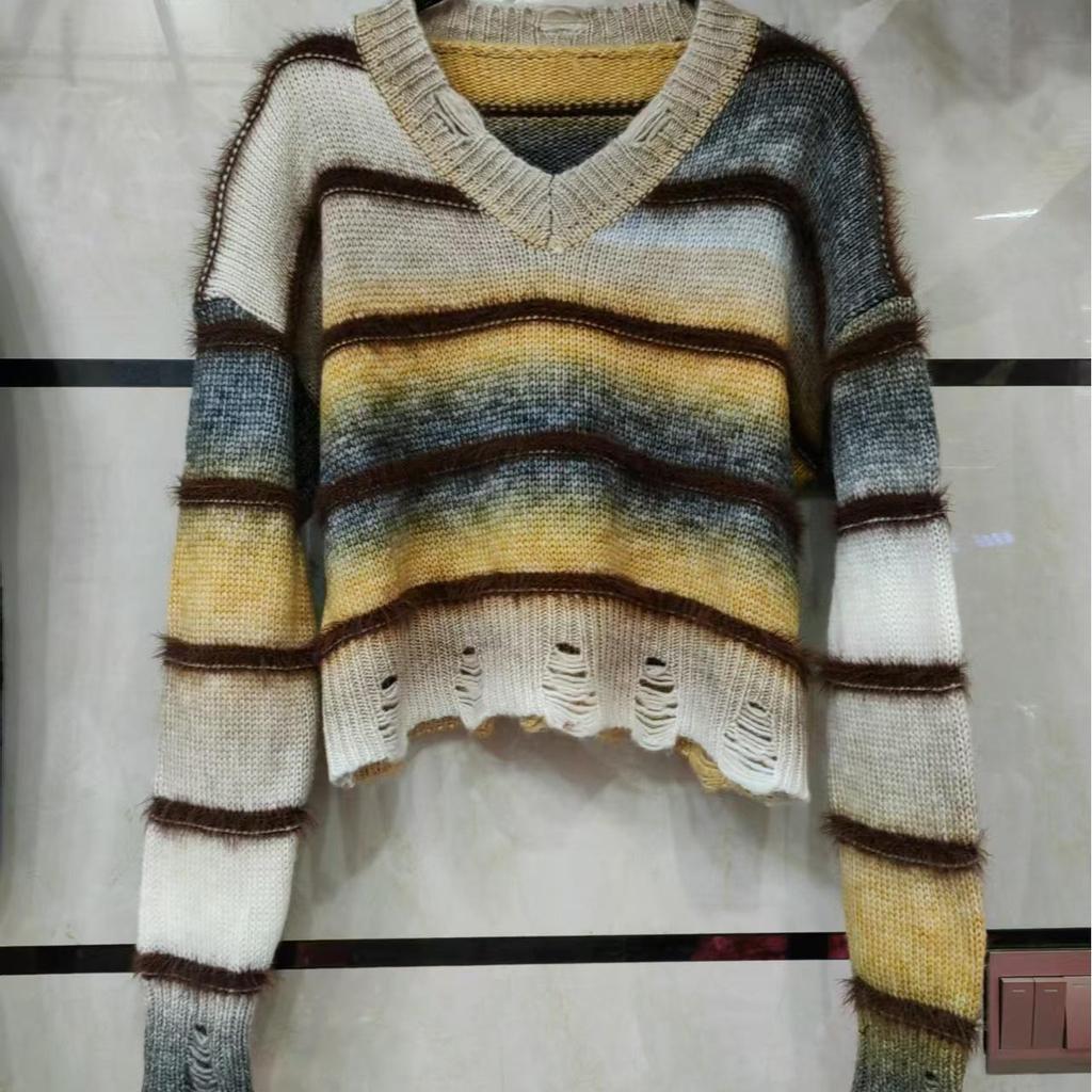 Women's Japanese Retro V-Neck Pullover: Striped Sweater for Autumn/Winter 2024 - Loose, Lazy Style Knit Top