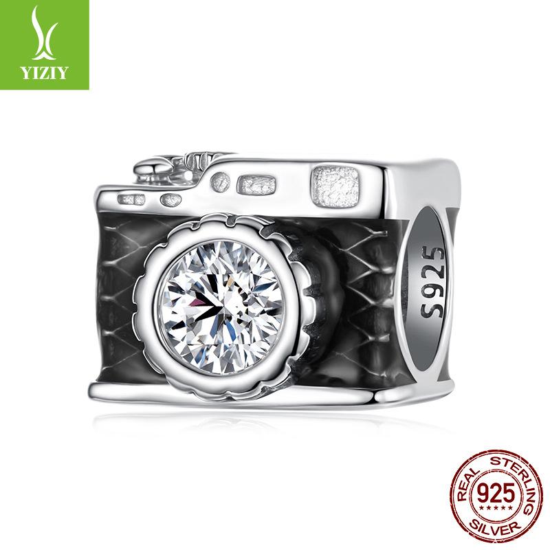 Sparkling Zircon S925 Sterling Silver Camera Beads, Personalized Black Dripping Diy Bracelet Loose Beads