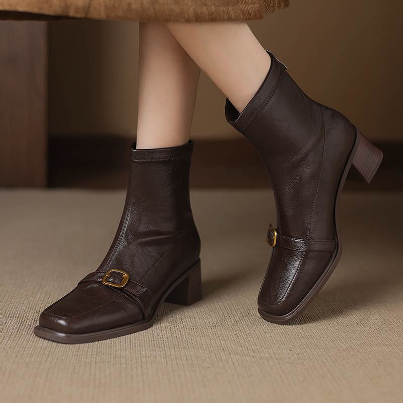 Krazing Pot Microfiber Square Toe Thick Heels Chelsea Boots Size 42 Zip Women Metal Buckle Elastic Ankle Boots