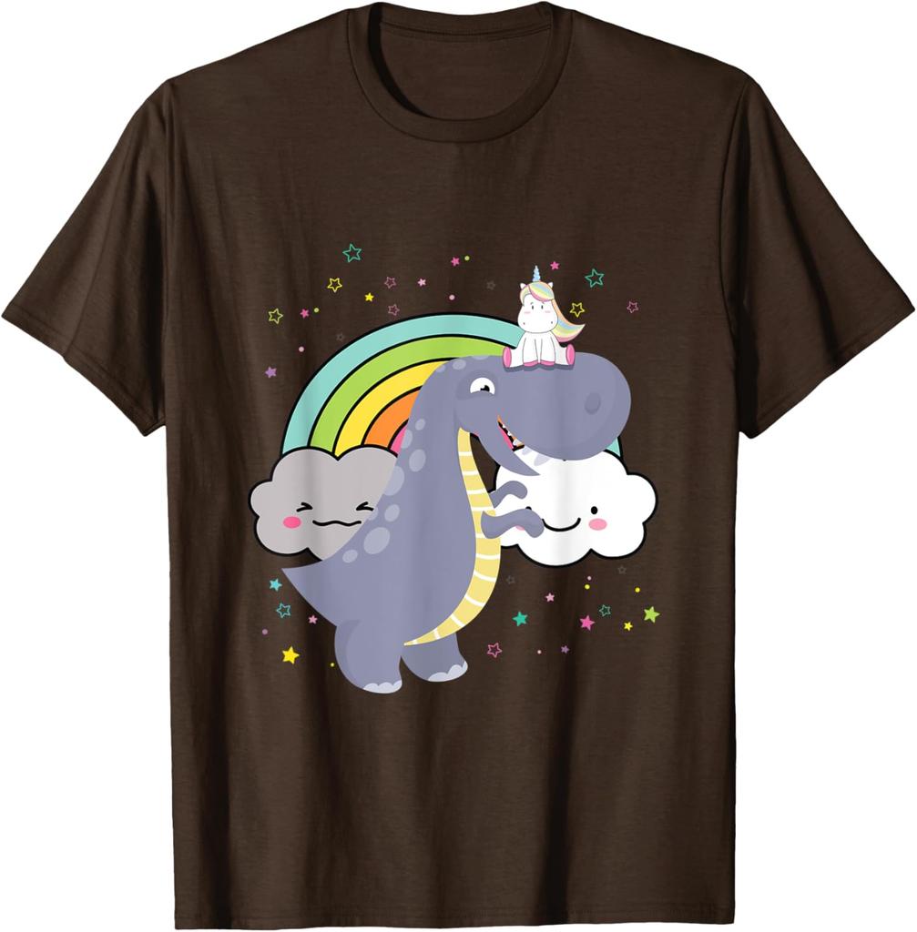 Dinosaurier reitet Einhorn Regenbogenwolken Grafik T-Shirt Lässiges Kurzarm Baumwoll-T-Shirt