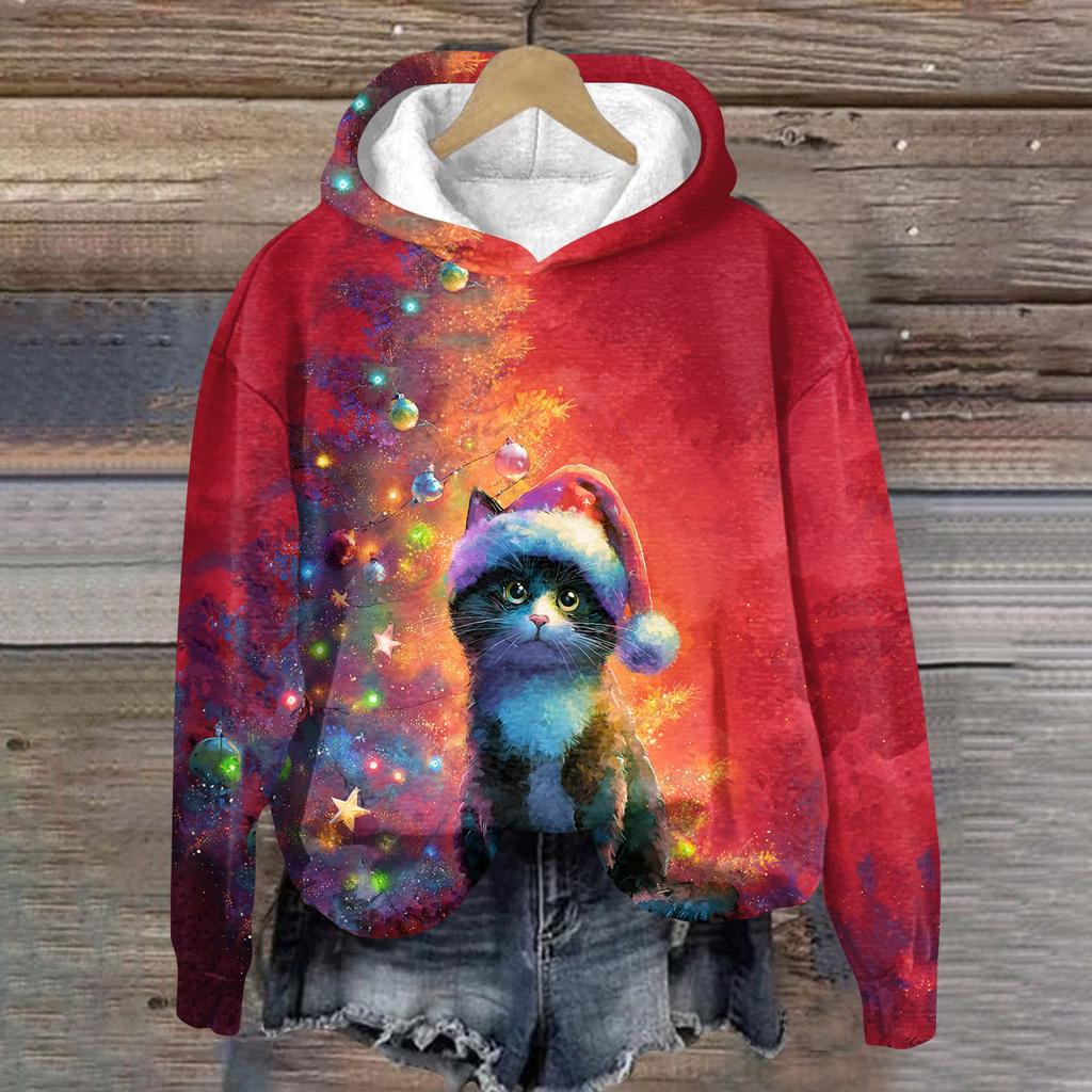 Women's Fashion Long Sleeve Christmas Print Loose Hooded Sweatshirt Top