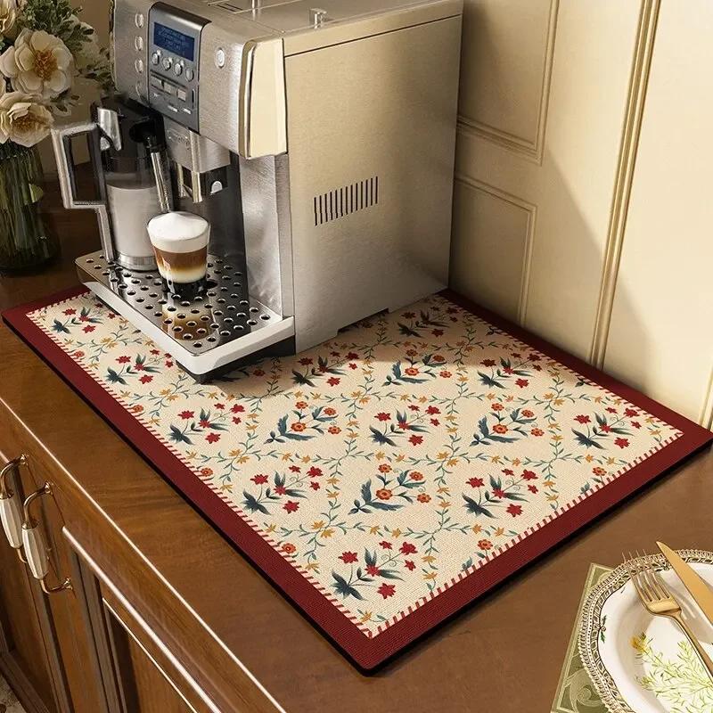 Classical Floral Diatomaceous Earth Coffee Machine Mat Kitchen Bar Absorbent Drainage Mat Thermal Insulation Dish Drying Mat