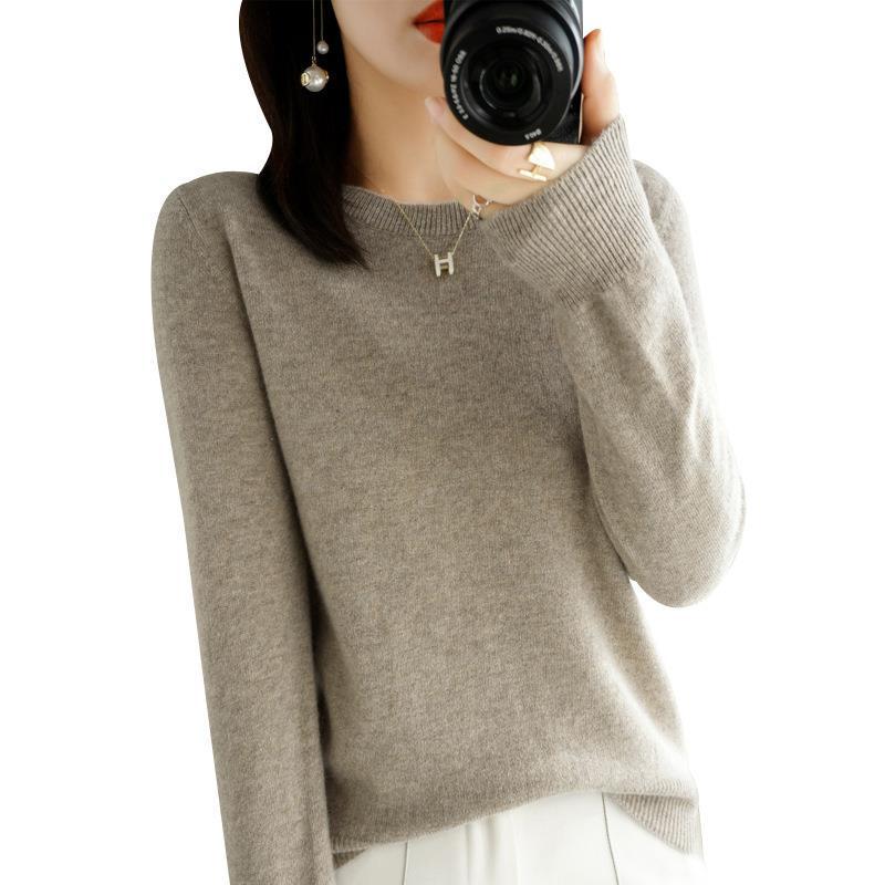 Women's Slim-Fit Round Neck Knitted Pullover, Long Sleeve, Base Layer for Spring/Autumn 2023, Non-Cashmere Top