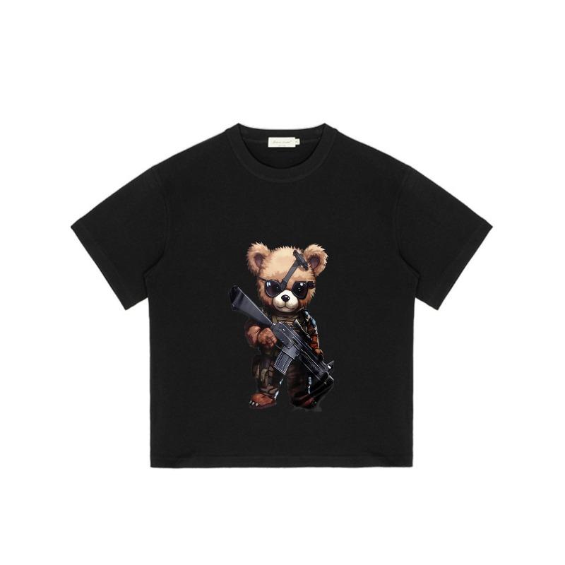 Cute Bear Soldier Graphic T-Shirt Black Animal Warrior Print for Casual Wear and Gaming Fans