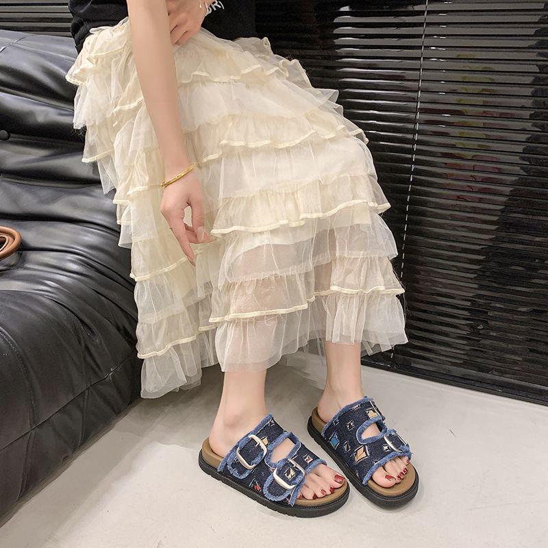Fashion versatile retro casual double slippers women's flat bottom round head open toe cool slippers women's 2025 summer new