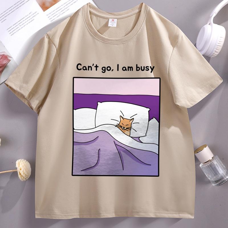 Sorry Cant I Am Busy T Shirt Soft Sleepy Funny Cat Cotton Tshirt Unisex Women Loose Japanese Aesthetic Tshirt Male Clothes