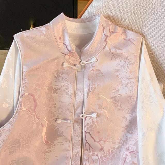 Frühlingskleidung kleiner Stehkragen Scheibenverschluss Jacquard Weste Strickjacke mit weiblichen Pflanzen und Blumen gestapelt Tide