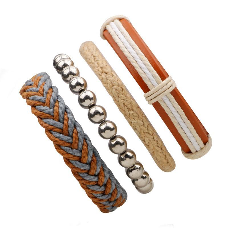 Men's Retro Multi-Strand Cowhide Anchor Bracelet Set with Wood Beads