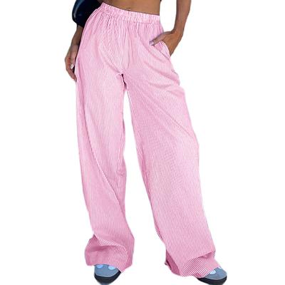 Kadınlar için rahat Çizgili Pantolon Katı Gevşek Palazzo Pantolon Yaz Elastik Yüksek Bel Pantolon Çalışma Tatil Moda Pantolon Nefes Hafif Ince Pantolon