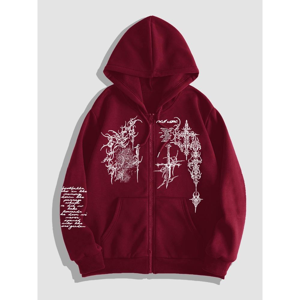 Dunkler Gothic-Stil Dornenkreuz-Print Kapuzenpullover Herren Y2K Reißverschluss Strickjacke Lockere Jacke S white