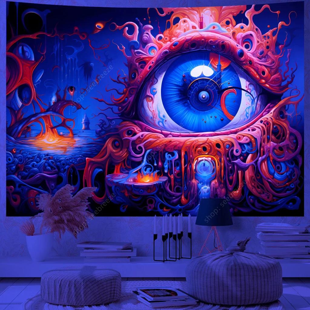 Psychedelic Eye of God UV Reactive Tapestry for Witchcraft Hippie Wall Hanging Bohemian Mandala Art Aesthetic Room Wall Decor