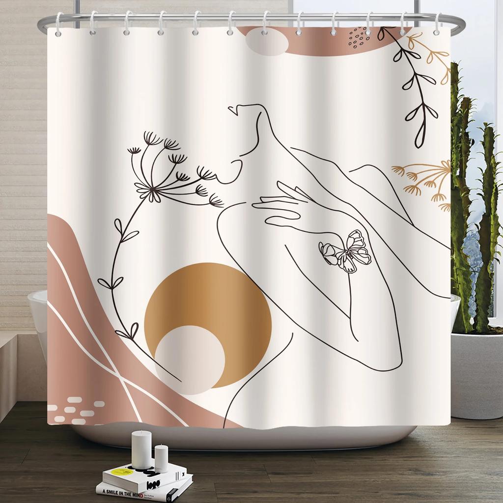 Nordic Wind Boho Shower Curtain for Bathroom Abstract Mid Century Modern Minimalist Geometric Arch Beige Bohemian Bath Curtain