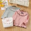 Korean Style Girls' Ruffle Collar Long Sleeve Cotton T-Shirt - Spring/Autumn Toddler Top