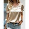 Women Elegant Satin Blouse With Pearl Neckline Puff Short Sleeve Casual Tops