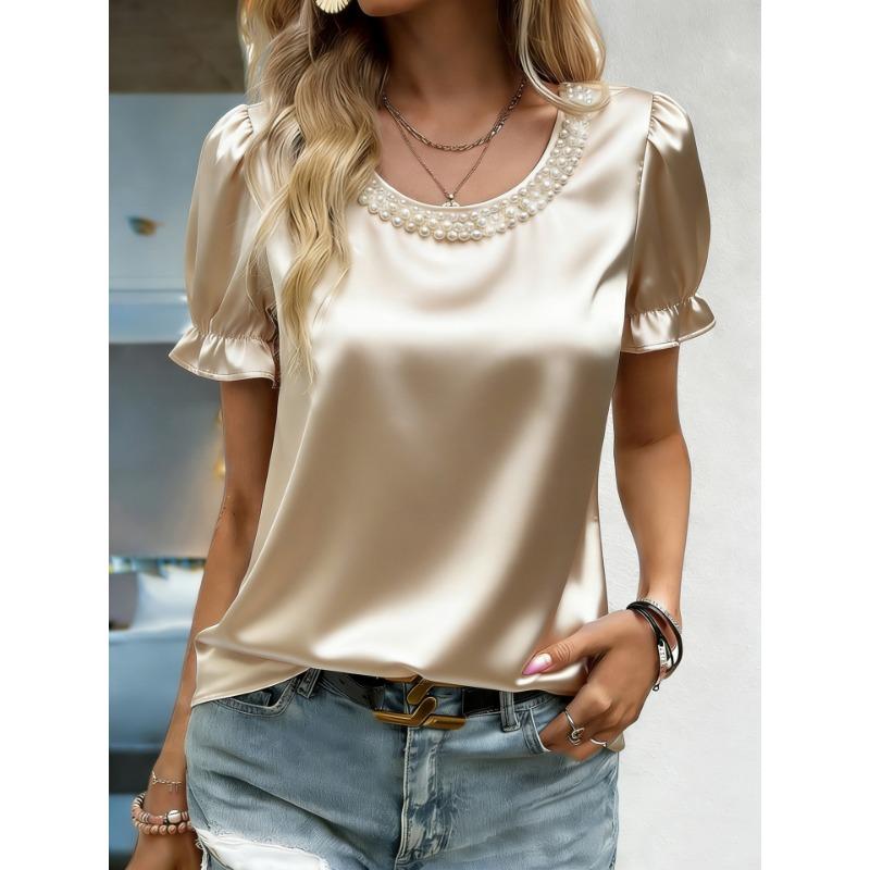 Women Elegant Satin Blouse With Pearl Neckline Puff Short Sleeve Casual Tops