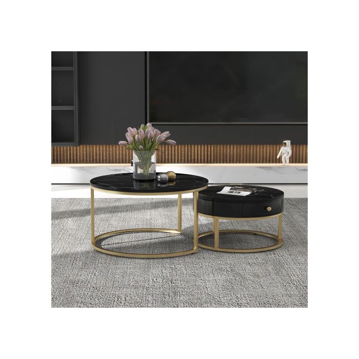 Table basse moderne Nesting Motif marbre brillant Lot de 2 tables basses rondes Table d'appoint ronde Nesting