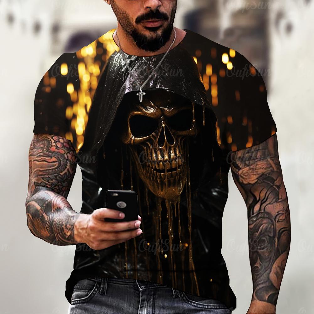 Summer Vintage Horror 3D Skull Print Classic Casual O Neck Short Sleeve Fashion Loose Oversized Tops Men's T-shirts
