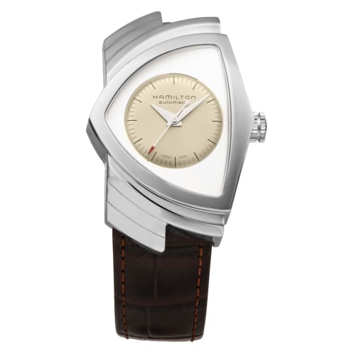 Hamilton VENTURA Men's 34.7mm Automatic Watch with Beige Dial, Stainless Steel, Sapphire Crystal, and Brown Leather Strap, H24515521, Swiss Brand.