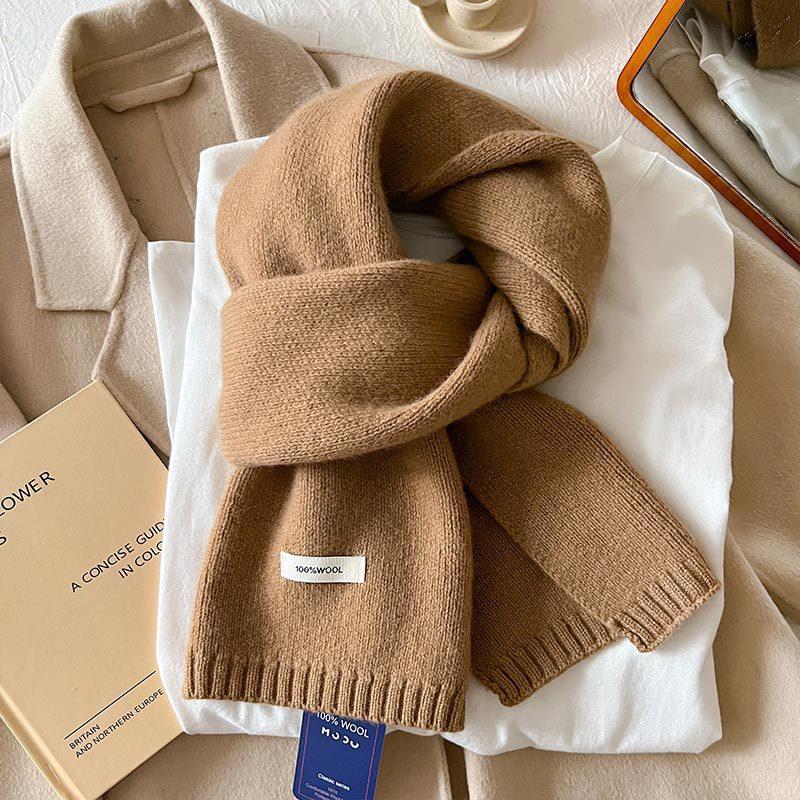 Australian Wool Small Scarf Women'S Winter Solid Color Knitted Scarf Korean Version Thickened Warm Neck Protection