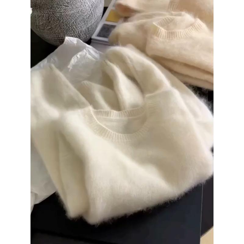 Hairy round neck pullover imitation mink sweater knitted top solid color advanced sense loose lazy women autumn and winter thickened