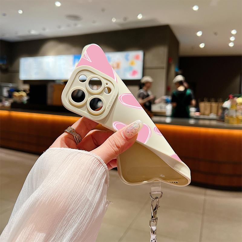 Full Screen Love Heart Lanyard Strap Phone Case For iPhone 15 14 13 12 11 Pro Max X XS XR 7 8 Plus SE  Silicone Soft Cover