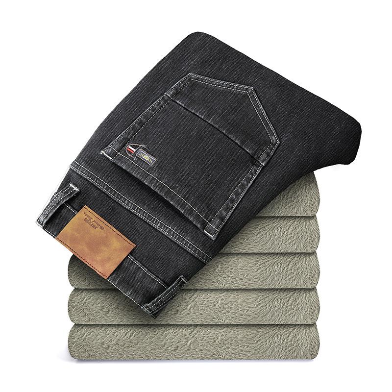 Winter Men's Plush and Thick Jeans Youth Men's Business Slim Fit Large Size Straight Leg Long Pants Clothing