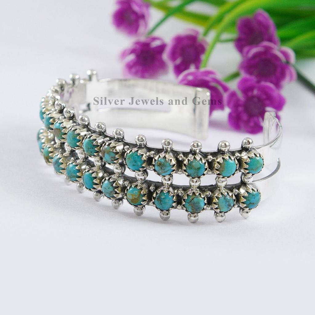 Kingman Turquoise Sterling Silver Cuff Bracelet, Two-Row Boho Bangle
