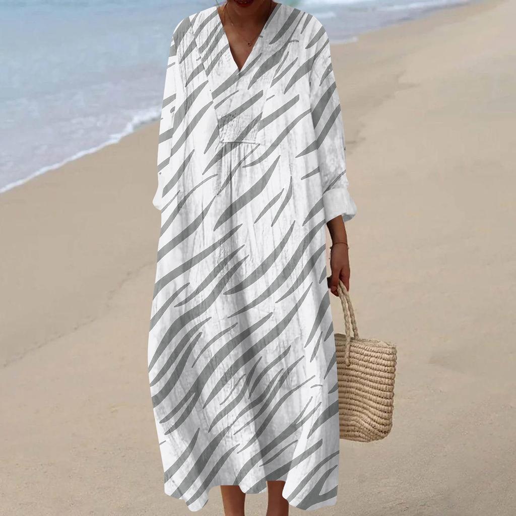 Women's Casual Fashion V-Neck Long Sleeve Floral Print Maxi Dress