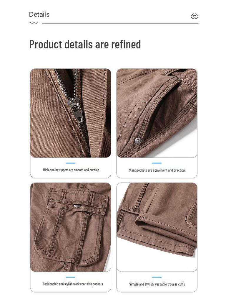 Men's Summer Cotton Workwear Cargo Shorts - Washed, Casual, Multi-Pocket, Straight Leg Bermuda.