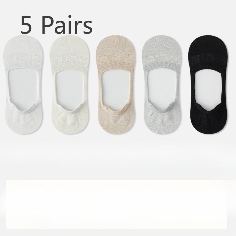5 Pairs of Summer Mulberry Silk Stockings, Ultra-thin and Invisible Boat Socks, Silicone Anti-slip Mesh Solid Color Short Socks