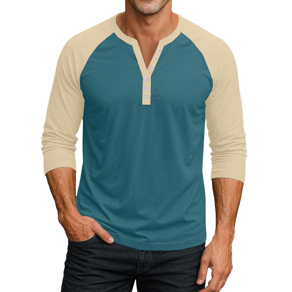 Men's Button-Down Contrast Raglan 3/4 Sleeve Top