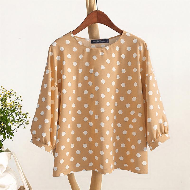ZANZEA Women Casual Round Neck 3/4 Sleeve Loose Polka Dot Print Blouse